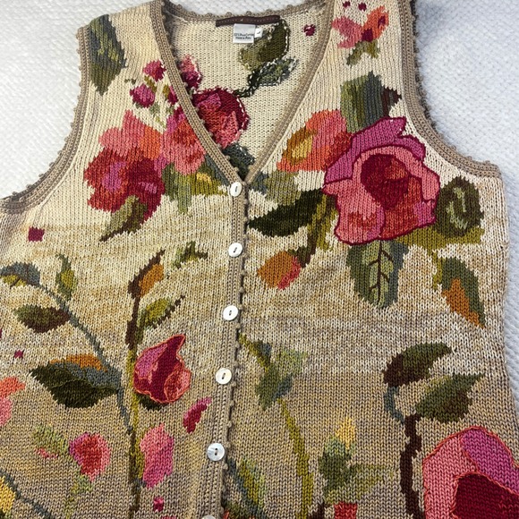 Peruvian‎ Connection Floral Embroidered Knit Vest Women's Size L Pima Cotton - Picture 2 of 7